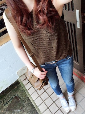 「ノースリーブニット」｜「アイテム（帽子）」を使った、Nさん（レディース・164cm）の秋コーディネート