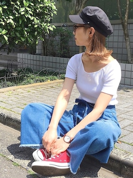 「PAGEBOY（ページボーイ）のトモリボン付きデニムワイドパンツ（デニムパンツ）」を使った、Hinechiさん（レディース・158cm）の春コーディネート