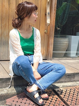 「SOMETHING（サムシング）のFRENCH NOUVEAU W-FRONT SLIM（デニムパンツ）」を使った、Hinechiさん（レディース・158cm）の夏コーディネート