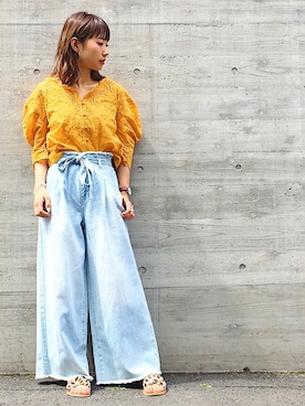 「PAGEBOY（ページボーイ）のトモリボン付きデニムワイドパンツ（デニムパンツ）」を使った、Hinechiさん（レディース・158cm）の夏コーディネート