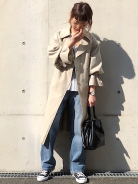 「袖ボリューム」｜「アイテム（トレンチコート）」を使った、Hinechiさん（レディース・158cm）の冬コーディネート