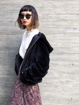 エコファー フェイクファー リバーシブルフードブルゾンを使った人気ファッションコーディネート Wear