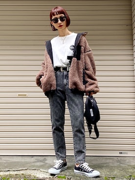 「テーパードデニム」｜「アイテム（ブルゾン）」を使った、Hinechiさん（レディース・158cm）の夏コーディネート