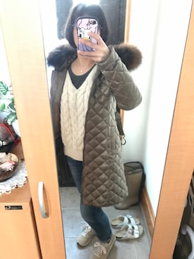 「SLOBE IENA（スローブイエナ）の3GG Vネックケーブルニット◆（ニット/セーター）」を使った、まろんさん（レディース・160cm）の冬コーディネート