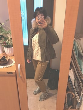 「SLOBE IENA（スローブイエナ）の3GG Vネックケーブルニット◆（ニット/セーター）」を使った、まろんさん（レディース・160cm）の冬コーディネート