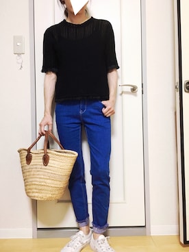 「DHOLIC（ディーホリック）のアイテム（Tシャツ/カットソー、ブラック系）」を使った、ANNEさん（レディース・160cm）の夏コーディネート