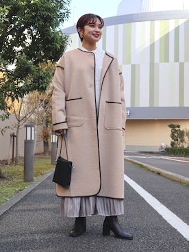 「白ニット」｜「アイテム（ノーカラージャケット）」を使った、Airiさん（レディース・159cm）の冬コーディネート