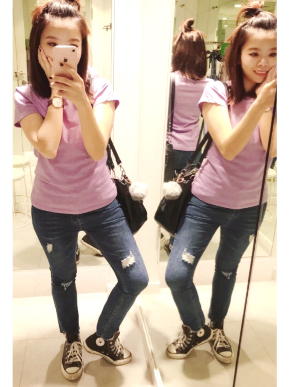 ホワイト系のスニーカー、ブラウン系のアナログ腕時計を着用したレディースの春コーディネートの1枚目の写真