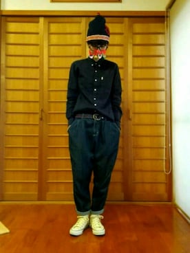 「BLUE BLUE（ブルーブルー）のアイテム（ニットキャップ/ビーニー）」を使った、mizu&sonさん（レディース・162cm）の秋コーディネート