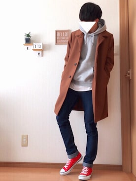 「アイテム（ステンカラーコート）」を使った、おさゆうさん（メンズ・168cm・10代）の冬コーディネート