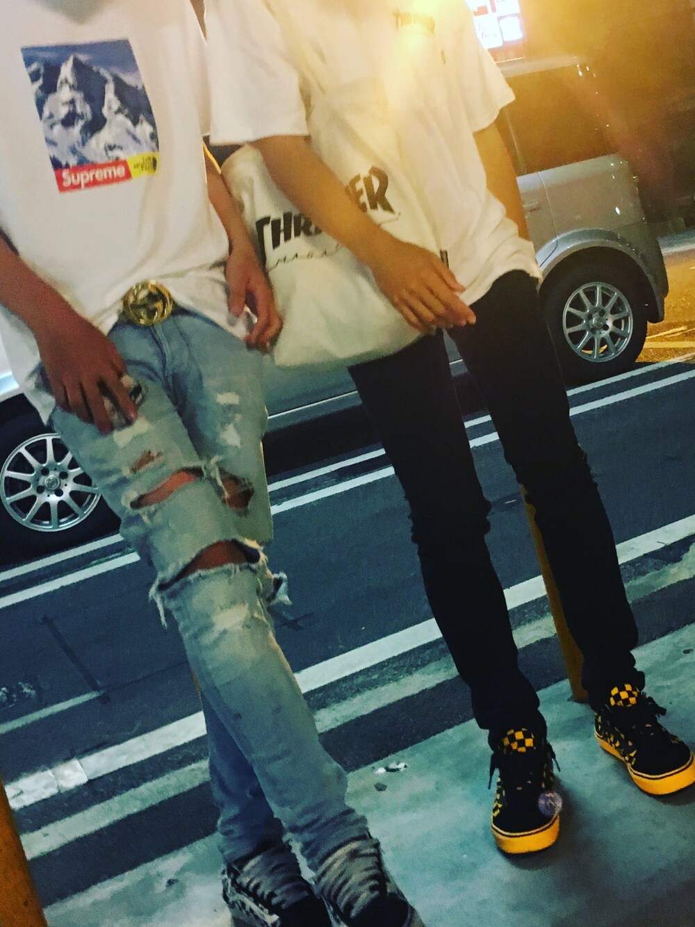 「GUCCI、VANS、THRASHER、supreme、THE NORTH FACE」｜「VANSのアイテム（スニーカー、イエロー系）」を使った、きむたくさん（メンズ・170cm）の夏コーディネートの1枚目の写真