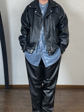 「レザーコーデ」｜「アイテム（ライダースジャケット）」を使った、ゆーとさん（メンズ・168cm）の冬コーディネート