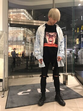 「WHITELAND（ホワイトランド）のWHITELAND/ホワイトランド/A CLOCKWORK ORANGE Tシャツ/時計仕掛けのオレンジ Tシャツ（Tシャツ/カットソー）」を使った、佐々木空翔(ササキヒロト)さん（メンズ・175cm）の春コーディネート