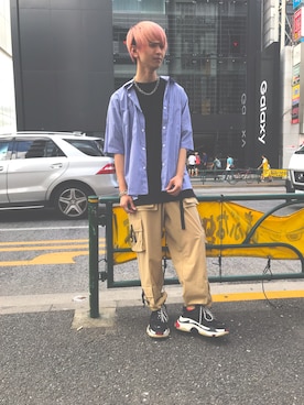 「DANKE SCHON（ダンケシェーン）のDankeSchone/ダンケシェーン/Stripe Albert S/S SHIRTS(ショートスリーブシャツ)（シャツ/ブラウス）」を使った、佐々木空翔(ササキヒロト)さん（メンズ・175cm）の夏コーディネート