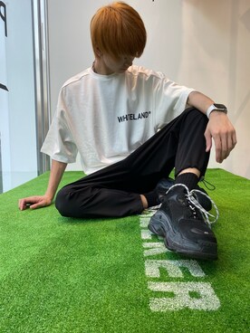 「WHITELAND（ホワイトランド）のWHITELAND/ホワイトランド/ビッグロゴオーバーサイズTシャツ（Tシャツ/カットソー）」を使った、佐々木空翔(ササキヒロト)さん（メンズ・175cm）の夏コーディネート