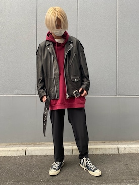 「WHITELAND（ホワイトランド）のアイテム（ライダースジャケット）」を使った、佐々木空翔(ササキヒロト)さん（メンズ・175cm）の秋コーディネート