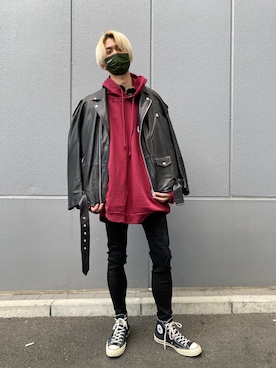 「WHITELAND（ホワイトランド）のアイテム（ライダースジャケット）」を使った、佐々木空翔(ササキヒロト)さん（メンズ・175cm）の冬コーディネート