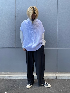 「DANKE SCHON（ダンケシェーン）のDankeSchon/ダンケシェーン/ケーブルニットベスト（ベスト）」を使った、佐々木空翔(ササキヒロト)さん（メンズ・175cm）の春コーディネート