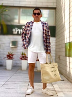 「チェックジャケット」｜「無印良品（ムジルシリョウヒン）のアイテム」を使った、alexmundyさん（メンズ・172cm）の夏コーディネート