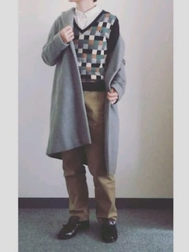 「フレッドペリー」｜「アイテム（チェスターコート）」を使った、takkeさん（メンズ・154cm）の冬コーディネート