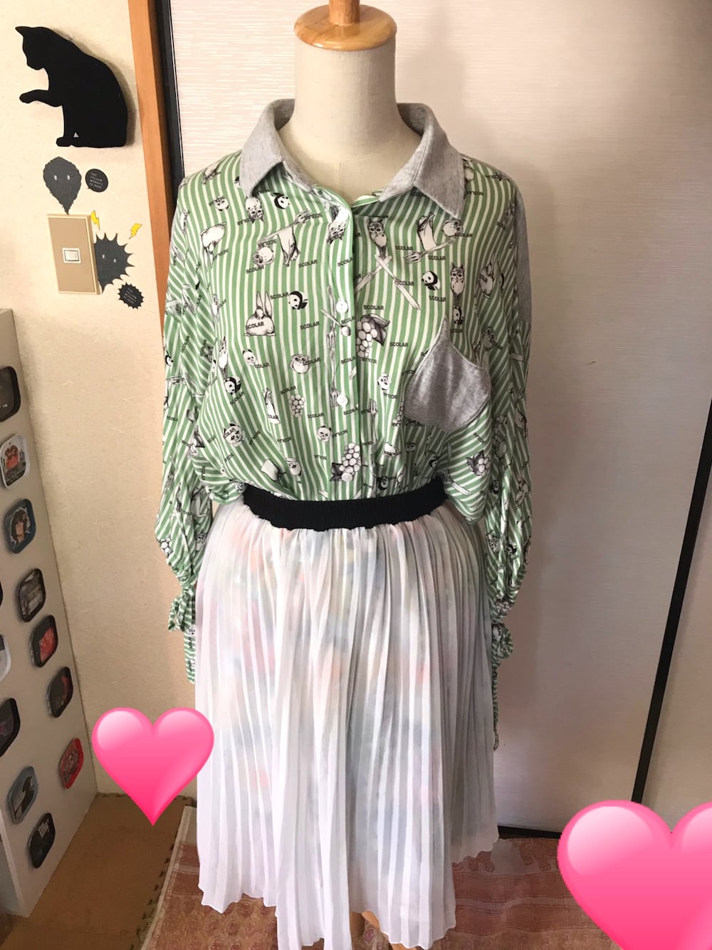 「グリーンコーデ、パンダ柄、ハデ柄、スカラー(ScoLar)」｜「ScoLarのアイテム（シャツワンピース、グリーン系）」を使った、Judy-jamさん（レディース・156cm）の秋コーディネートの1枚目の写真