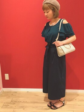 「オープンショルダー」｜「アイテム（ハンチング/ベレー帽）」を使った、よこまるさん（レディース・159cm）の夏コーディネート