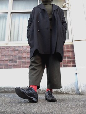 「BASISBROEK（バシスブルック）のアイテム（ピーコート）」を使った、MINOさん（メンズ・165cm）の冬コーディネート