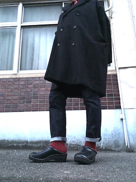 「BASISBROEK（バシスブルック）のアイテム（ピーコート）」を使った、MINOさん（メンズ・165cm）の冬コーディネート