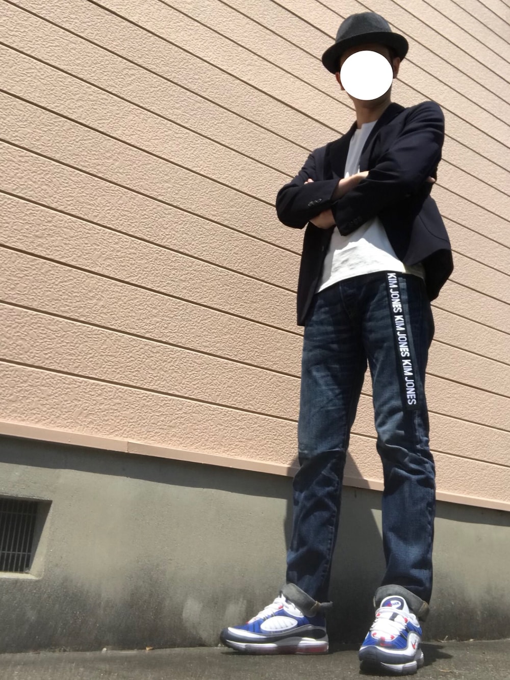 「大人カジュアル、お洒落さんとつながりたい、ジャケット、スニーカー、30代、おじさん、ナイキ、GU」｜「GLOBAL WORKの【快適機能付き】サーモハット/741703（ハット、ブルー系）」を使った、sasaさん（メンズ・176cm）の春コーディネートの1枚目の写真