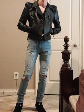 「SAINT LAURENT PARIS（サンローランパリ）のアイテム（ライダースジャケット）」を使った、🖤さん（メンズ・178cm）の春コーディネート
