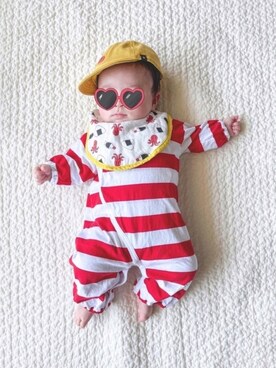 「アイテム（ロンパース、レッド系）」を使った、ぷうさん（キッズ・60cm）の春コーディネート