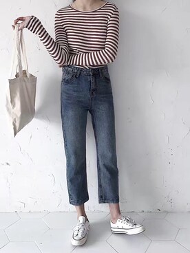 「原创のアイテム（ニット/セーター、レッド系）」を使った、臧臧臧臧啾さんの冬コーディネート