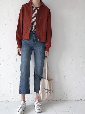 「原创のアイテム（ライダースジャケット、レッド系）」を使った、臧臧臧臧啾さんの冬コーディネート