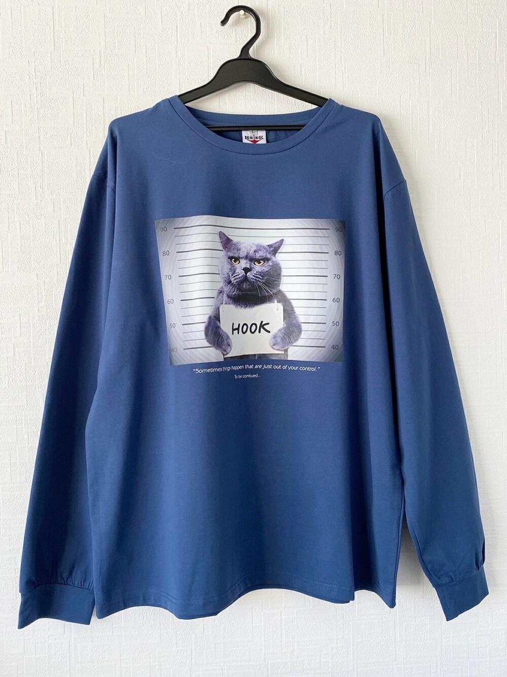 「夏、秋、ブルー、ネイビー、猫、個性派、古着、原宿、オーバーサイズ、ビッグシルエット」｜「HOOKの【HOOK -original-】【2020新作】数量限定！ユニセックス・ストリート/激カワ　オリジナルプリント 長袖tシャツ  オーバーサイズ 猫柄（Tシャツ/カットソー、その他）」を使った、-HOOK- officialさん（メンズ・180cm）の夏コーディネートの1枚目の写真
