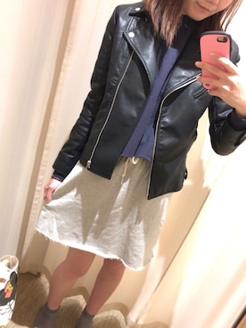 「スウェットスカート」｜「アイテム（ライダースジャケット）」を使った、えりりさん（レディース・161cm）の冬コーディネート