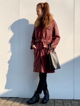 「アイテム（ミリタリージャケット、レッド系）」を使った、YOKOHAMAスタッフさん（レディース・162cm）の秋コーディネート