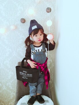 「GLOBAL WORK（グローバルワーク）のアイテム（オールインワン・サロペット）」を使った、ユ メ ガ ハ ク ＊さん（キッズ・90cm）の冬コーディネート