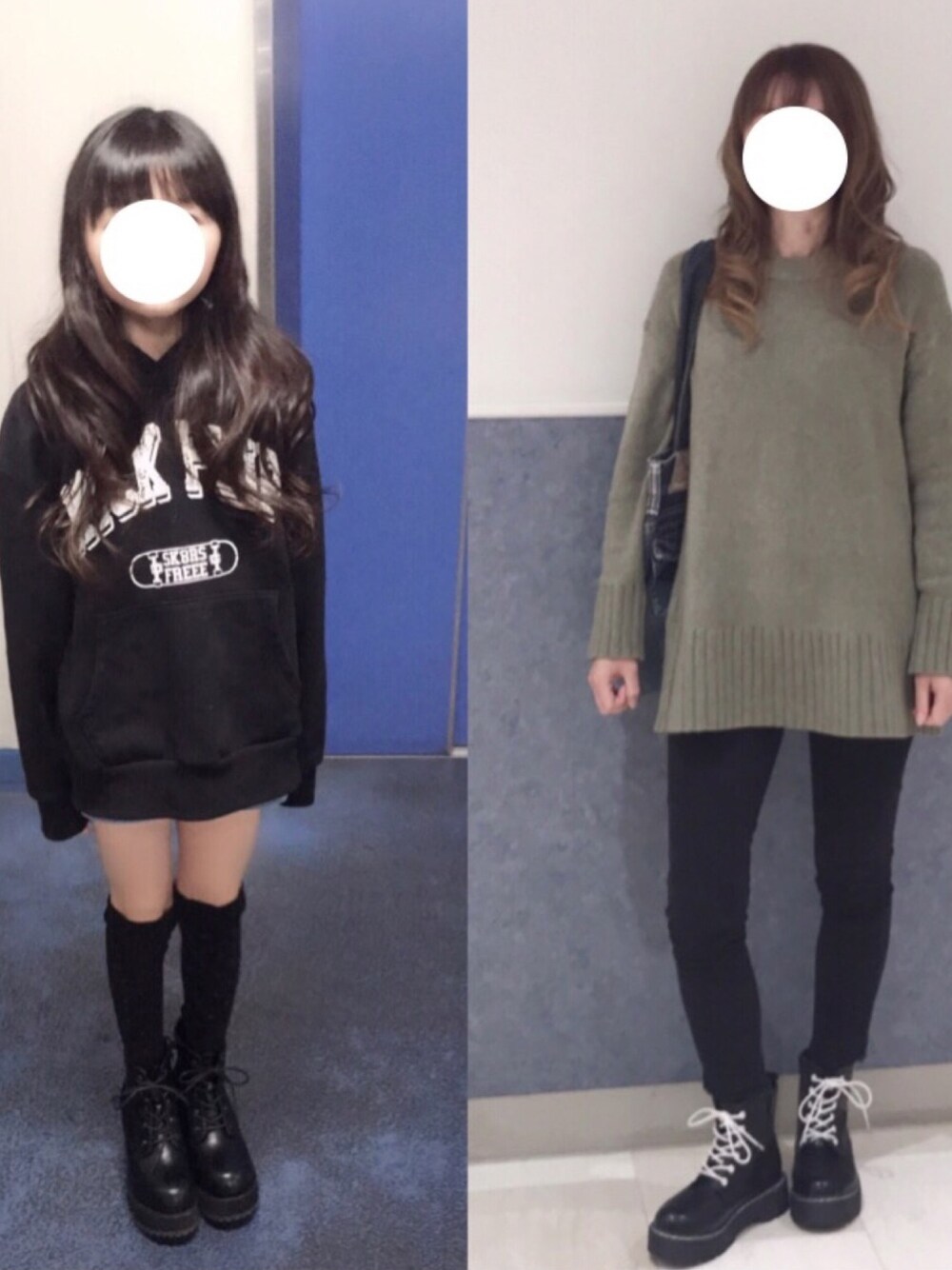 ブラック系のスウェット、ブラック系のブーツ、グリーン系のニット/セーターを着用したレディースの冬コーディネートの1枚目の写真