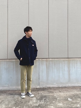「DANTON（ダントン）のアイテム（ピーコート）」を使った、リョウタさん（メンズ・177cm）の春コーディネート