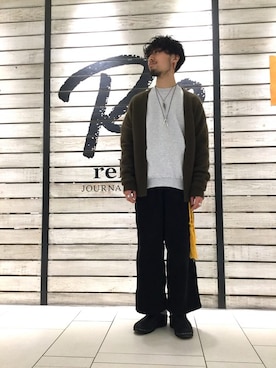 「JOURNAL STANDARD relume（ジャーナルスタンダード　レリューム）のHAMILTON FUR MIX カーディガン#（カーディガン/ボレロ、グリーン系）」を使った、tsさん（メンズ・168cm）の冬コーディネート