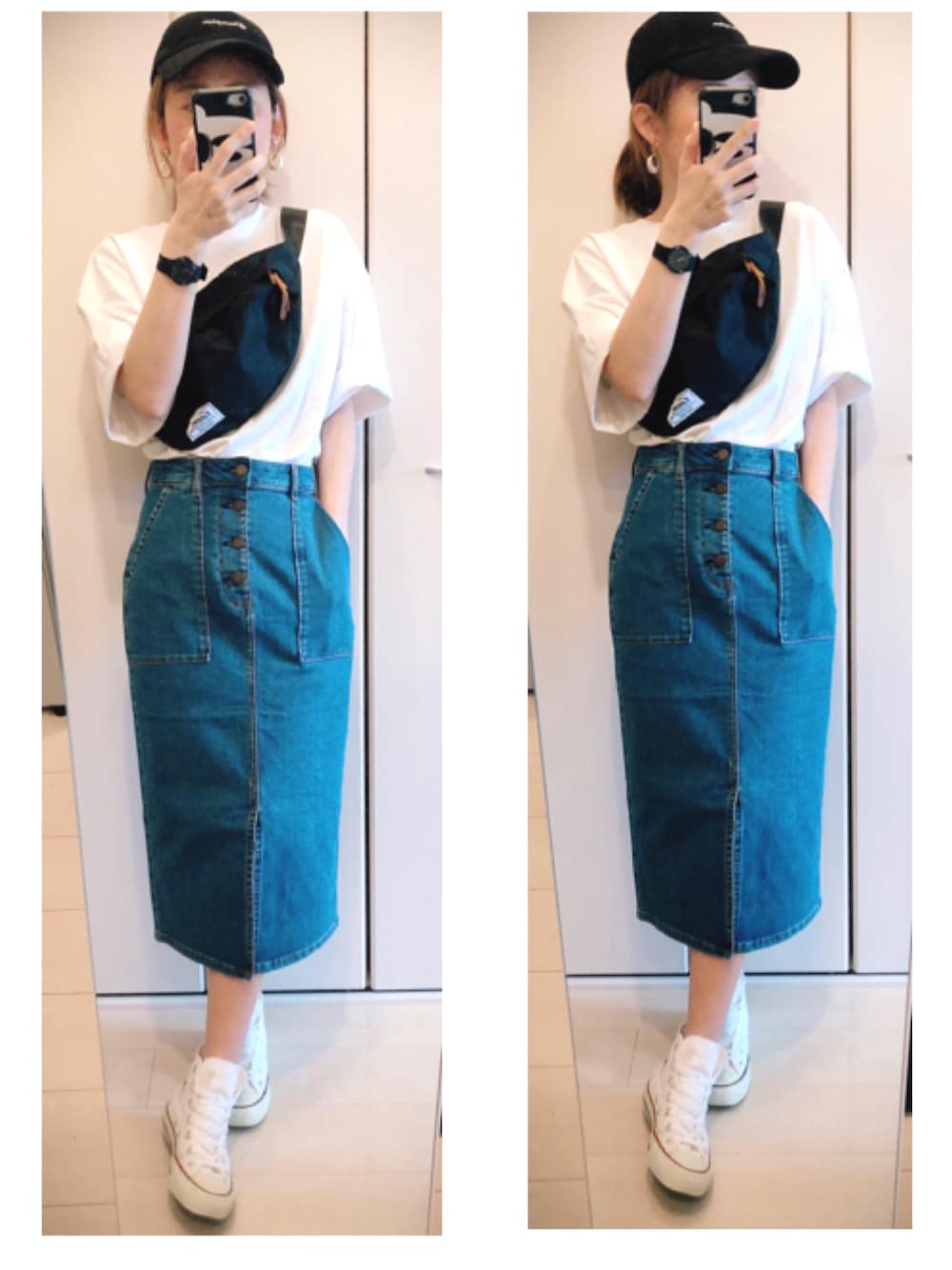 「カジュアルコーデ、プチプラ、シンプル、白Tシャツ、コンバース、夏コーデ、オーバーサイズ」｜「GUのアイテム（デニムスカート、ブルー系）」を使った、napsさん（レディース・155cm）の春コーディネートの1枚目の写真