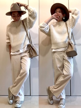 「H&M（エイチ・アンド・エム）のアイテム（ニット/セーター、ホワイト系）」を使った、napsさん（レディース・155cm）の秋コーディネート