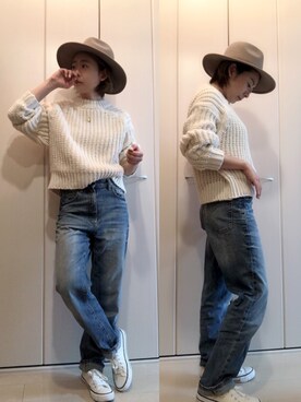 「H&M（エイチ・アンド・エム）のアイテム（ニット/セーター、ホワイト系）」を使った、napsさん（レディース・155cm）の冬コーディネート