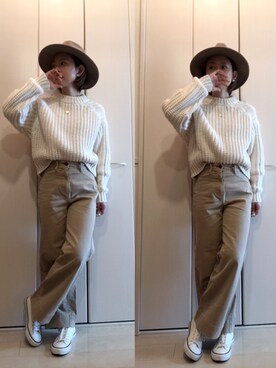 「H&M（エイチ・アンド・エム）のアイテム（ニット/セーター、ホワイト系）」を使った、napsさん（レディース・155cm）の冬コーディネート
