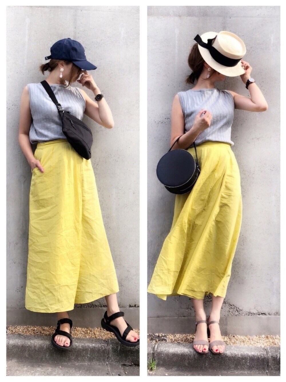 イエロー系のその他パンツ、グレー系のトップス、ブラック系のショルダーバッグを着用したレディースの夏コーディネートの1枚目の写真