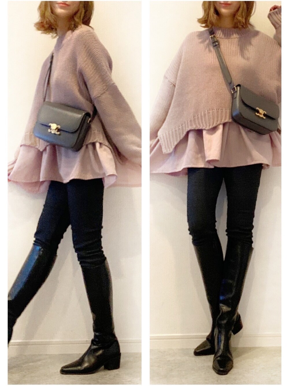 ピンク系のニット/セーターを着用したレディースの冬コーディネートの1枚目の写真