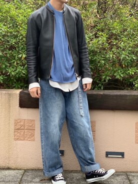 「ニットベスト」｜「アイテム（ライダースジャケット）」を使った、skさん（メンズ・174cm）の春コーディネート