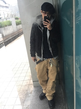 「tk.TAKEO KIKUCHI（ティーケータケオキクチ）のアイテム（キャスケット）」を使った、Ghetto Crookさん（メンズ・175cm）の冬コーディネート