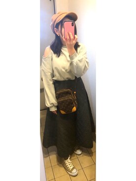 「オープンショルダー」｜「アイテム（スウェット）」を使った、はるし ☽∘さん（レディース・152cm）の春コーディネート