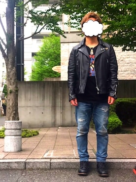 「シュプリーム」｜「アイテム（ライダースジャケット）」を使った、食パンヘアさん（メンズ・166cm）の春コーディネート